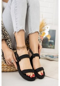 Resim Fox Shoes Siyah Halat Ipli Hasır Kadın Sandalet K596012104 