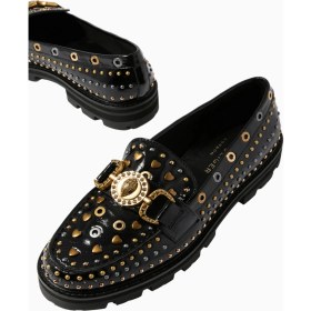 Resim Mansion Stud Loafer, Siyah Rugan ve Antik Metal Detaylı Lüks Erkek / Kadın Ayakkabı 