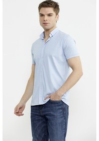 Resim Kısa Kol Slim Fit Penye Gömlek - Açık Mavi Açık Mavi 