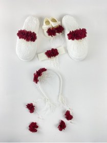 Resim Genel Markalar Bordo İnci Taşlı Çiçekli Lohusa Hamile Taç Terlik Bandana Bebek Patik Seti 