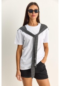 Resim Shade Kadın Çizgili Şal Detaylı Relaxed Basic T-shirt 7679 60286112 - Beyaz 