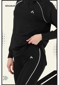 Resim Kadın Eşofman Takım Siyah Üst Tunik & Siyah Regular Fit Lycralı Tayt Dalgıç Kumaş Aktif Spor 3060 Siyah Beyaz Şeritli 