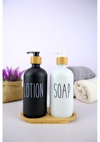 Resim Digithome 2 Li Ahşap Standlı Cam Sıvı Sabun Ve Losyon Şişesi Sabunluk 500 Ml - E/6 C1-1-289 