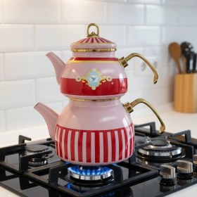 Resim Bird Studio Pembe Renk Emaye Çaydanlık Takımı - 2 Lt. + 1 Lt. Pembe 