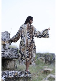 Resim Befera Müslin Kimono Pamuklu Dijital Leopar Baskılı Bornoz Kaftan Sabahlık Kahverengi 