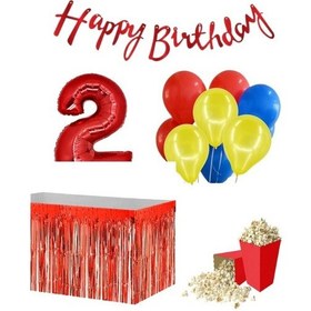 Resim 2 Yaş Kırmızı Balon Rakam Folyo Banner Mısır Kutusu Masa Eteği 