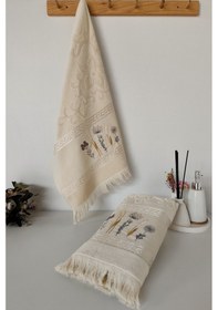 Resim 2'li Nakışlı Jakarlı Kadife El Yüz Havlusu - %100 Pamuk - Kapuçino Cappuccıno Cappuccino 