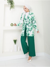Resim VOLT CLOTHİNG Kadın Çiçek Desenli Kapamasız Kuşaklı Kimono Takım 