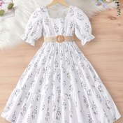 Resim Şık Kız Çiçekli Elbise Kemerli - Günlük Yazlık Giysi, Makinede Yıkanabilir, Polyester 