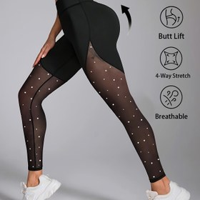 Resim Kadınlar için Yüksek Bel Karın Kontrollü Kalça Kaldırıcı Payet Detaylı Tayt - Nefes Alabilir Mesh Paneller, 4 Yönlü Esnek Hızlı Kuruyan Spor Pantolonu (Siyah, İlkbahar/Yaz) - İdeal Hediye 