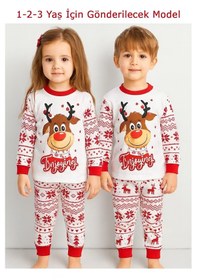 Resim Bilge Trend Yılbaşı , Noel , Yeni Yıl Etnik Desen Geyikli %100 Pamuk Kız Erkek Çocuk Pijama Takım Dar Kalıptır Kırmızı - Beyaz 