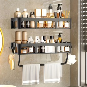 Resim 1/2 Duvara Monte Depolama Rafı, Havlu Çubuğu Depolama Rafı, Plastik Asma Depolama Rafı, Banyo Aksesuarları, Tuvalet Malzemeleri ve Diş Fırçası Tutucuları İçin Uygun, Deliksiz Kurulum, Alan Tasarrufu, Kolay Kurulum 