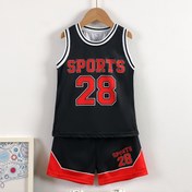 Resim Gençler için #28 Spor Forması ve Şort Takımı - "SPORTS" Harf Baskılı, Nefes Alabilen Polyester, Yuvarlak Yaka Tank Top & Kırmızı Kenarlı Rahat Şortlar Erkek & Kız Çocuklar İçin - Basketbol, Futbol, Koşu, Kız Atletik Şortlar İçin Mükemmel, Dış Mekanlar İçin Mükemmel 