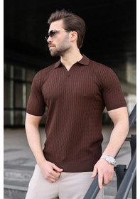 Resim Madmext Kahverengi Slim Fit Polo Yaka Triko Erkek Tişört E7472 Kahverengi 