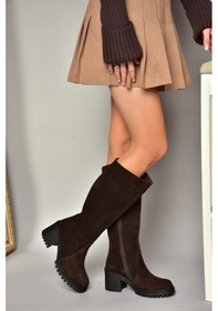 Resim R654047702 Kahverengi Hakiki Deri Süet Kalın Topuklu Kadın Çizme Kahverengi-süet Kahverengi 