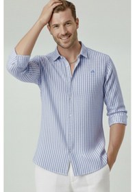Resim Deepsea Lacivert Slim Fit Çizgili %100 Pamuk Erkek Gömlek Nefes Alan Şık Günlük Gömlek 2602626 Lacivert 