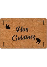 Resim Hoş Geldiniz Yazılır Temalı Kedili Dekoratif Dış Kapı Önü Ve Iç Mekan Paspası Siyah - Bej 