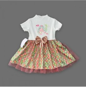 Resim 1-2-3 Yaş Denizkızı Baskılı Pul Desen Etekli Kız Bebek Elbisesi Ekru Ekru 