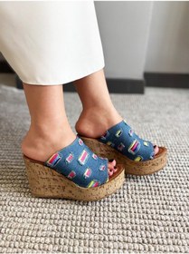 Resim Asmi Shoes Kadın Limo Mavi Kot Dolgulu Mantar Taban Terlik 10 Cm Mavi 