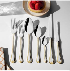 Resim Nehir Fulya Altın Sade 12 Kişilik 89 Parça Deri Kutulu Çatal Kaşık Bıçak Takımı Altın - Gümüş 