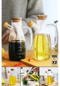 Resim Thn 2 Li Bambu Kapaklı Cam Yağlık Sirkelik 1000 Ml. Cam Sürahi Şeffaf 