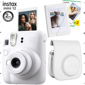 Resim Instax Mini 12 Beyaz Fotoğraf Makinesi-20'lu Film-Mini Albüm ve Deri Kılıf Seti 