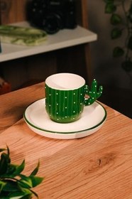 Resim Love Bundles El Yapımı Kaktüs Desenli Seramik Türk Kahvesi Fincanı (100 ml) 2 Parça Yeşil 