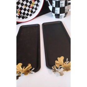 Resim Siyah Renk 2 Li Dikdörtgen Servis ve Sunum Tepsisi Kelebe Aksesuarlı Baton 