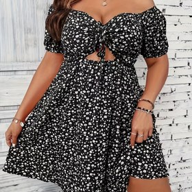 Resim Plus Size Kesikli Tüm Baskılı Elbise, Rahat Omuzdan Askılı Kısa Kollu Elbise, Kadınların Büyük Beden Giyimleri 