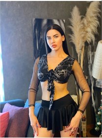 Resim Kayahan Collection Parlak Göğüsten Bağlamalı Kadın Şort Etekli Takım 