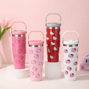 Resim 1pc Sanrio Hello Kitty 30 Oz Stainless Steel Insulated Tumbler with Foldable Handle, Reusable Vacuum Travel Mug for Hot/Cold Drinks, Cute Cat Pattern, Ideal for Outdoor, Sports, Fitness, Thanksgiving, Valentine's, New Year Gift, Multipurpose, Round Shape, Hand Wash Only, No Electricity Needed, Suitable for All Ages 