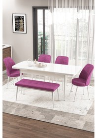 Resim Canisa Concept Zen Serisi 80x132 Mdf Açılabilir Beyaz Masa Takımı 4 Mor Sandalye Ve 1 Bench Masa Beyaz Sandalye Ve Bench Mor 