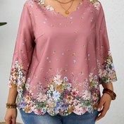 Resim Kadınların Artı Boy Floral Baskılı V-Yaka Kazak, 3/4 Kol, Casual Polyester Karışımı Büyük Beden Üst, Dokuma Kumaş, Tüm Mevsim Konfor 