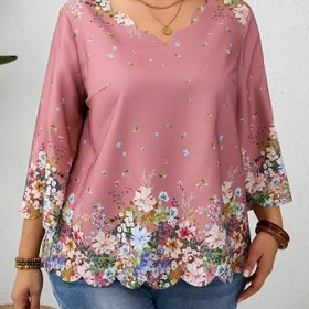Resim Kadınların Artı Boy Floral Baskılı V-Yaka Kazak, 3/4 Kol, Casual Polyester Karışımı Büyük Beden Üst, Dokuma Kumaş, Tüm Mevsim Konfor 