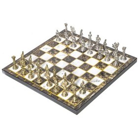Resim Lüks Metal Satranç Takımı Krom Kaplama Roma Ordusu Figür & Kehribar Mermer Desenli Tahta 20 Cm. 