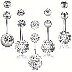 Resim Kadınlar için 5 Parça Şık Göbek Düğmesi Yüzük Seti - 14G Paslanmaz Çelik, Hipoalerjenik ve Parıldayan Kübik Zirkonya, Çok Yönlü Kavisli Barbell & Spiral Tasarımlar - Günlük Şıklık & Özel Günler İçin İdeal 