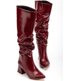 Resim Syt-2002 Bordo Kırışık Rugan Körüklü Kalın Topuklu Günlük Bayan Çizme Açık Bej - Kahverengi 