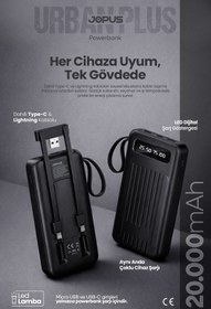 Resim Jopus 20000mAh PowerBank Dahili Kablolu, LCD Ekranlı, LED Lambalı, Taşınabilir Şarj Cihazı - Siyah JP-P11A 