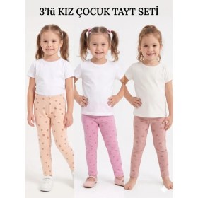 Resim İncili Kız Çocuk 3'lü Esnek Tayt Seti - Kalp, Gökkuşağı Desenli (Somon, Pembe, Gülkurusu) Tayt 