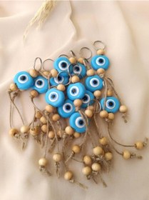 Resim Nazar Boncuk Anahtarlık Mavi 10 Adet Kötü Göz Kovucu Ahşap Boncuklu Nazar Hand Made Hasır Nazarlı Anahtarlık 