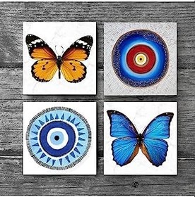 Resim Nazar, Kelebek Taş Bardak Altlığı Seti - 4 Parça - Dekoratif, Rustik Mutfak Aksesuarı, 10x10 cm, Kaydırmaz Tabanlı, Şık ve Dayanıklı SC199 