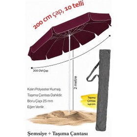 Resim Bordo Renkli 200 Cm Çap Ve 10 Telli Plaj Şemsiyesi + Şemsiye Kılıfı, Bidonsuz 