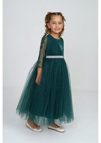 Resim Asortix Kız Çocuk Güpür Desenli Uzun Abiye Elbise Gelinlik Zümrüt Yeşili 