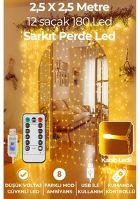 Resim TechnoSmart 2.5 X 2.5 Mt Kumandalı Usbli 8 Modlu Perde Led 12 Saçaklı 180 Led Kalın Kablolu Gün Işığı - Sarı 