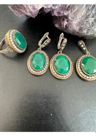 Resim Otantik Yeşim Ve Zirkon Taşlı Gümüş Set Takım 925 Ayar 