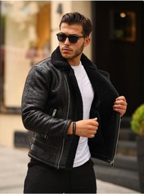 Resim Mero Life Napa Deri İçi Full Kürklü Yüksek Kalite Slim Fit Erkek Mont - Siyah 