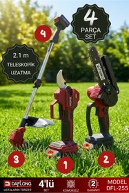 Resim DAFLONG PROFESYONEL 4'LÜ SET ŞARJLI DİJİTAL MAKAS UZATMA KOLU YAĞLAMALI BUDAMA ŞARJLI TIRPAN DFL-255 