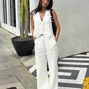 Resim Kadın Yaz Beyaz Kolsuz V-Yaka Tank Üstü ve Geniş Bacaklı Pantolon Takımı - Düğme Detaylı Rahat Şık İki Parça Kıyafet, Polyester, Hafif Yeşil, Rahat Giyim İçin Mükemmel, Yaz Kıyafeti | V-Yaka Üst ve Geniş Bacaklı Pantolon | Şık Düğme Detayları 