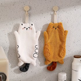 Resim 2'li Paket Sevimli Karikatür Kedi Mercan Polar Asılı Havlular - Ultra Yumuşak, Hızlı Kuruyan Mutfak & Banyo El Havluları Döngü ile, Ev Dekoru için Sevimli Beyaz & Sarı Kedi Tasarımı, Yumuşak Dokulu 