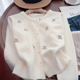 Resim Kadınlar için Şık Kiraz & İnci Süslemeli Hırka - Açık Ön Uzun Kollu Kazak İlkbahar Yaz Sonbahar İçin, Düğme Kapamalı Hafif Katman Parçası, Günlük Şık Üst, Yumuşak Dokulu Giysi 